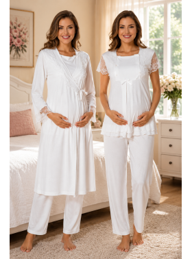 Effortt 2054E Ekru Dantel Detaylı Sabahlıklı Lohusa Pijama Takımı